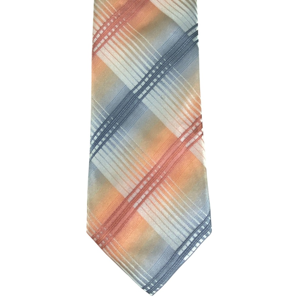 Joe Joseph Abboud Mens Silk Necktie Orange Peach Slate Blue Grey Plaid Tie 60x3